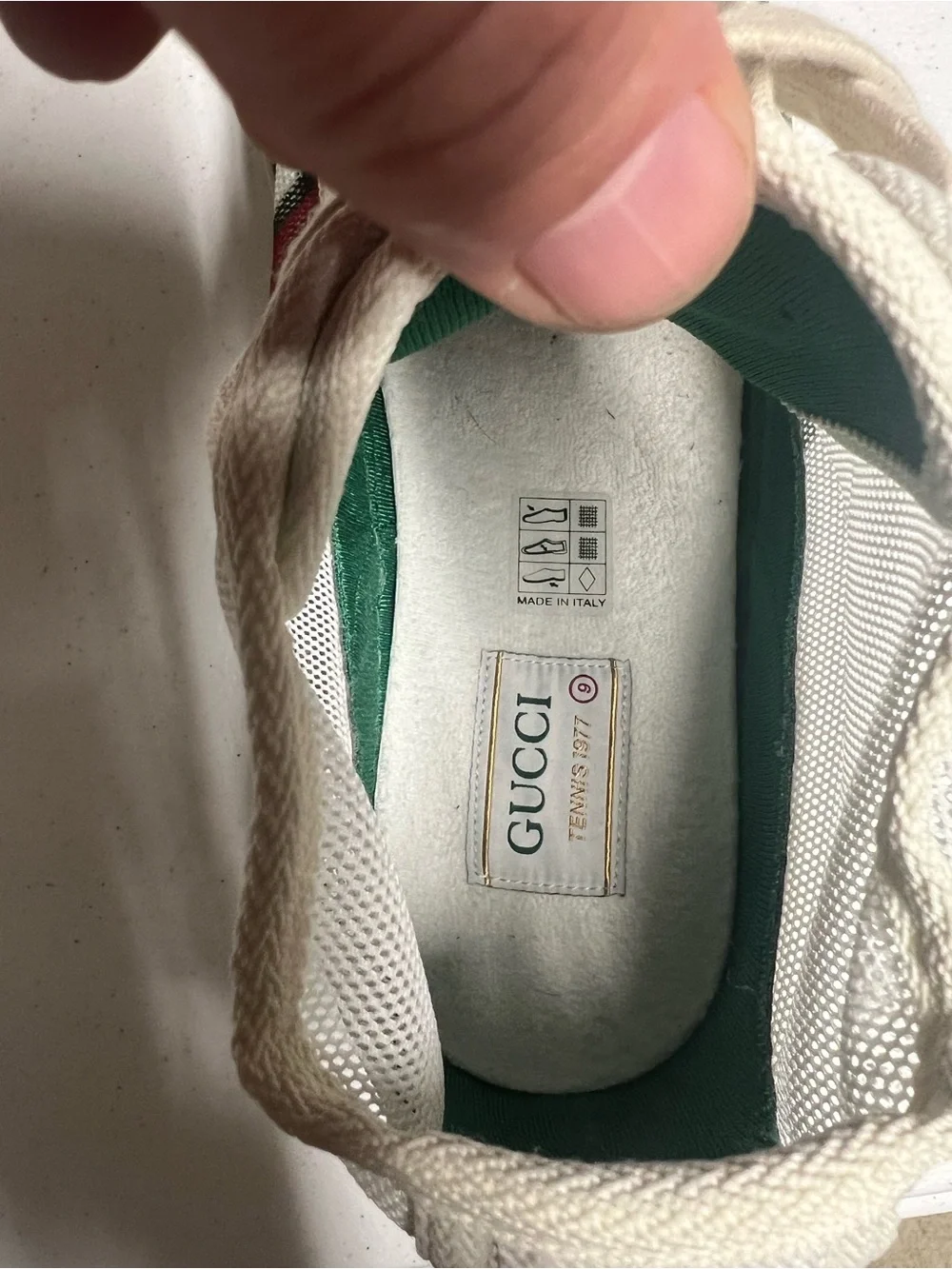 Gucci Men’s Cream High-Top Sneakers with Green & Red Web Stripe